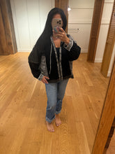 Pol hoodie, balloon sleeve, oversized fit top in thermal and printed fabric mixes with overlock stitch detail pointed solid pattern - Black