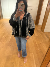 Pol hoodie, balloon sleeve, oversized fit top in thermal and printed fabric mixes with overlock stitch detail pointed solid pattern - Black