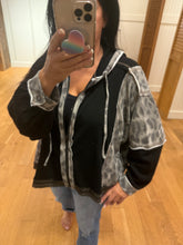 Pol hoodie, balloon sleeve, oversized fit top in thermal and printed fabric mixes with overlock stitch detail pointed solid pattern - Black