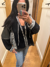 Pol hoodie, balloon sleeve, oversized fit top in thermal and printed fabric mixes with overlock stitch detail pointed solid pattern - Black