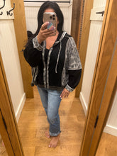 Pol hoodie, balloon sleeve, oversized fit top in thermal and printed fabric mixes with overlock stitch detail pointed solid pattern - Black