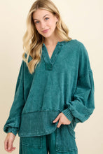 Mineral Washed Ribbed Split Vneck And Bishop Sleeve Blouse - Navy or Midnight Green