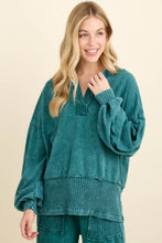 Mineral Washed Ribbed Split Vneck And Bishop Sleeve Blouse - Navy or Midnight Green