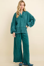 Mineral Washed Ribbed Split Vneck And Bishop Sleeve Blouse - Navy or Midnight Green