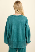 Mineral Washed Ribbed Split Vneck And Bishop Sleeve Blouse - Navy or Midnight Green