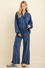 Mineral Washed Ribbed Split Vneck And Bishop Sleeve Blouse - Navy or Midnight Green