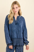 Mineral Washed Ribbed Split Vneck And Bishop Sleeve Blouse - Navy or Midnight Green