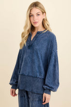Mineral Washed Ribbed Split Vneck And Bishop Sleeve Blouse - Navy or Midnight Green