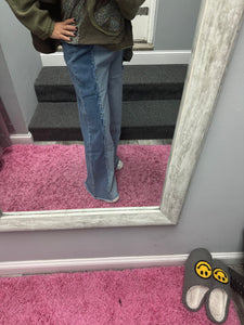 FRONT FRAYED CUT SEAM WIDE LEG WASHED DENIM JEANS