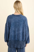 Mineral Washed Ribbed Split Vneck And Bishop Sleeve Blouse - Navy or Midnight Green