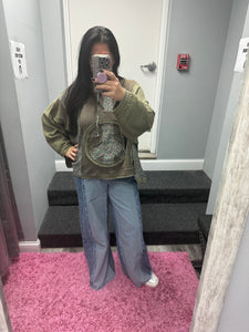 FRONT FRAYED CUT SEAM WIDE LEG WASHED DENIM JEANS