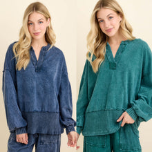 Mineral Washed Ribbed Split Vneck And Bishop Sleeve Blouse - Navy or Midnight Green