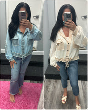 POL Open knit button down pocket hooded shirt top - Assorted Colors
