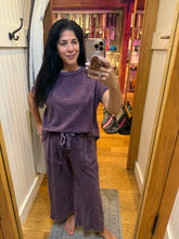 Mineral Washed Boho Trim Wide Leg Pants - Ashed Black or Eggplant