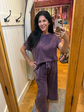 Mineral Washed Boho Trim Wide Leg Pants - Ashed Black or Eggplant