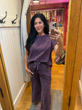 Mineral Washed Boho Trim Wide Leg Pants - Ashed Black or Eggplant