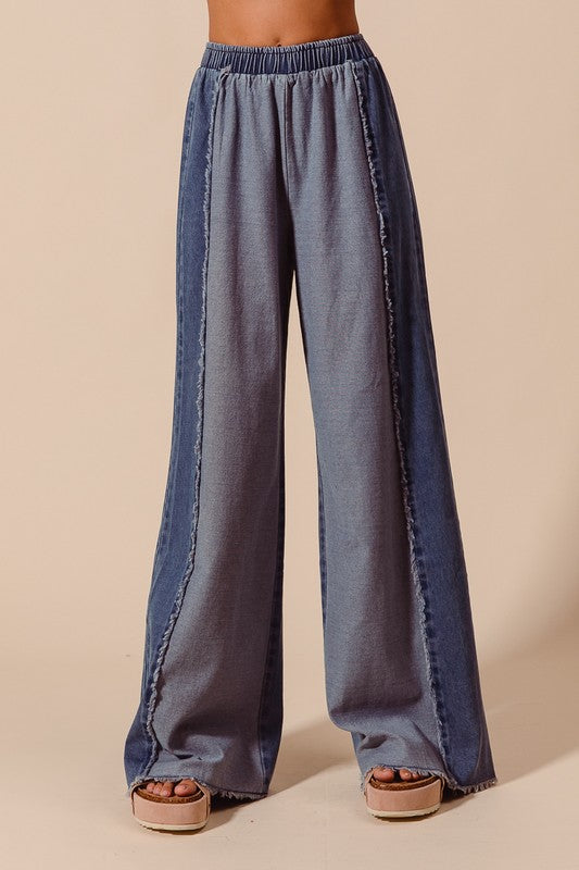 FRONT FRAYED CUT SEAM WIDE LEG WASHED DENIM JEANS