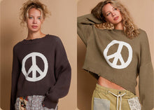 POL Round neck long sleeve peace sign solid sweater - Charcoal/White or Olive/White