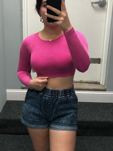 Ribbed Mineral Wash Long Sleeve Crop Top - Barbie Pink Mineral, Navy Mineral or Black