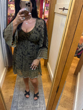 Chiffon V Neck Smocked Bust Lace Trim Bell Sleeve