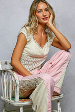 POL overwrapped V-neck short-sleeve slim-fit top crafted in lace - Natural,Black or Grey