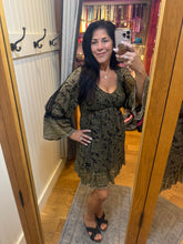 Chiffon V Neck Smocked Bust Lace Trim Bell Sleeve