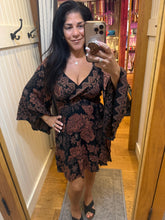 Wide Sleeve V Neck Smocked Waist Short Dress - Black/Rust