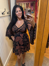 Wide Sleeve V Neck Smocked Waist Short Dress - Black/Rust