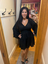 V Neck Wide Bell Sleeve Short Dress - Black