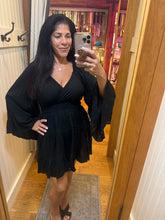 V Neck Wide Bell Sleeve Short Dress - Black