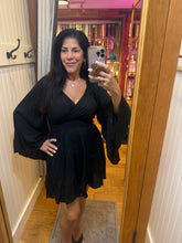 V Neck Wide Bell Sleeve Short Dress - Black