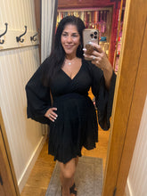 V Neck Wide Bell Sleeve Short Dress - Black