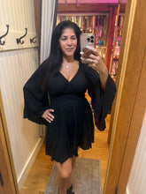 V Neck Wide Bell Sleeve Short Dress - Black