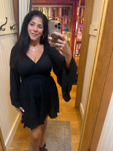 V Neck Wide Bell Sleeve Short Dress - Black