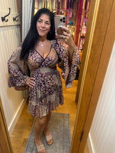 V Neck Wide Bell Sleeve Short Dress - Espresso