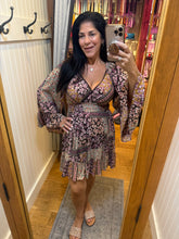 V Neck Wide Bell Sleeve Short Dress - Espresso