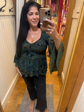 V Neck Smocked Bodice Bell Sleeve Top - Black/Olive