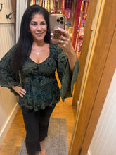 V Neck Smocked Bodice Bell Sleeve Top - Black/Olive