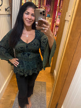 V Neck Smocked Bodice Bell Sleeve Top - Black/Olive