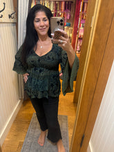 V Neck Smocked Bodice Bell Sleeve Top - Black/Olive