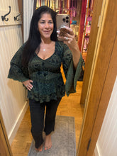 V Neck Smocked Bodice Bell Sleeve Top - Black/Olive