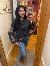 Double POL Gauze Color Blocked Star Patch Solid Thermal Knit Top - Washed Black