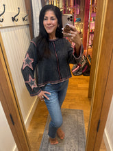 Double POL Gauze Color Blocked Star Patch Solid Thermal Knit Top - Washed Black