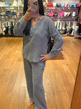 Washed Ribbed Split Neck Long Sleeve Knit Top - Charcoal Or Indigo Blue