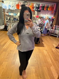 Washed Ribbed Split Neck Long Sleeve Knit Top - Charcoal Or Indigo Blue