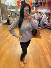 Washed Ribbed Split Neck Long Sleeve Knit Top - Charcoal Or Indigo Blue
