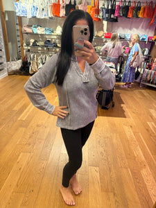 Washed Ribbed Split Neck Long Sleeve Knit Top - Charcoal Or Indigo Blue