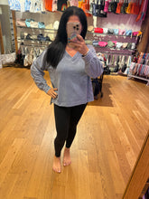 Washed V Neck Exposed Seam Long Sleeve Knit Top - Indigo Blue