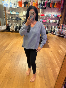 Washed V Neck Exposed Seam Long Sleeve Knit Top - Indigo Blue