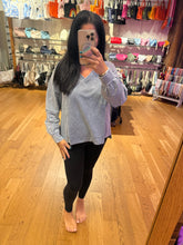 Washed V Neck Exposed Seam Long Sleeve Knit Top - Indigo Blue